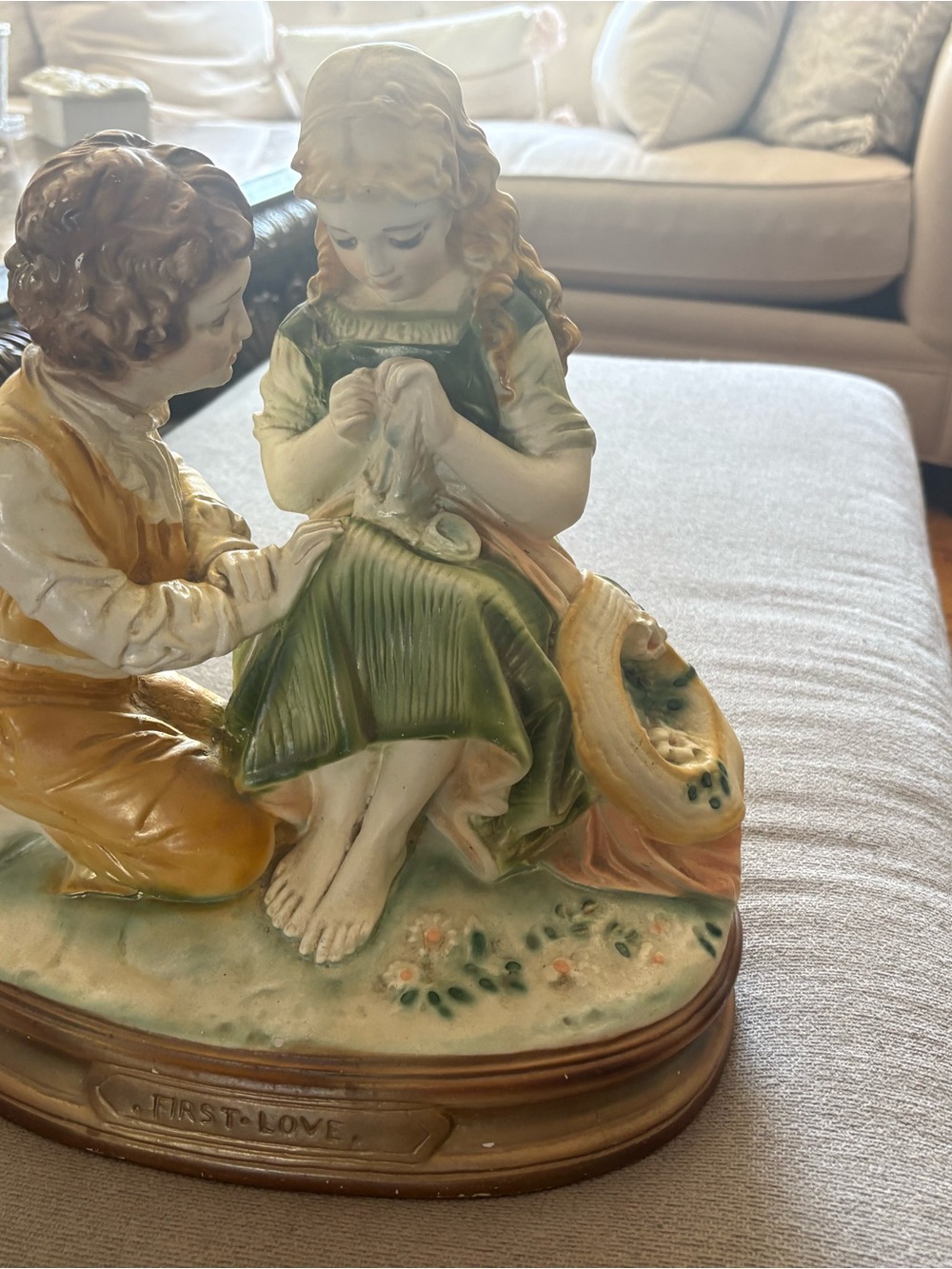 First Love Porcelain Boy and Girl Sewing in Green and Yellow